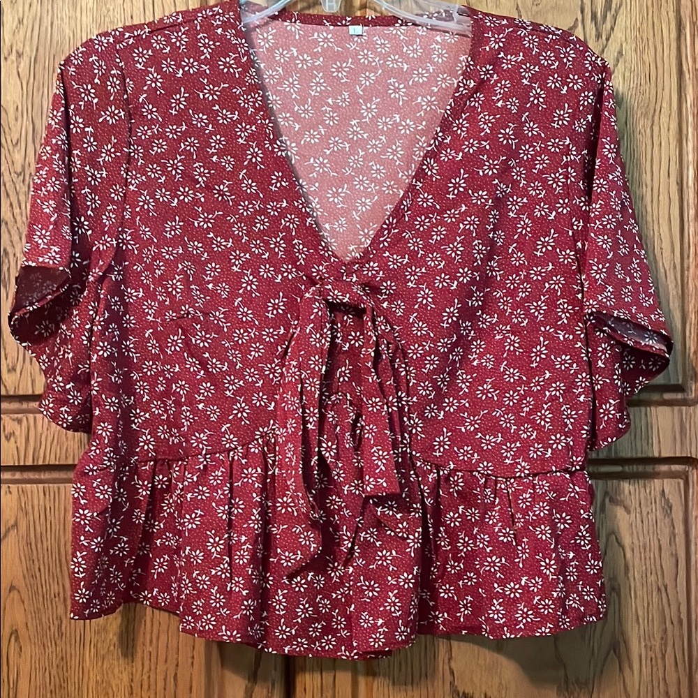 Red and White Puff Sleeve Tie Front Blouse